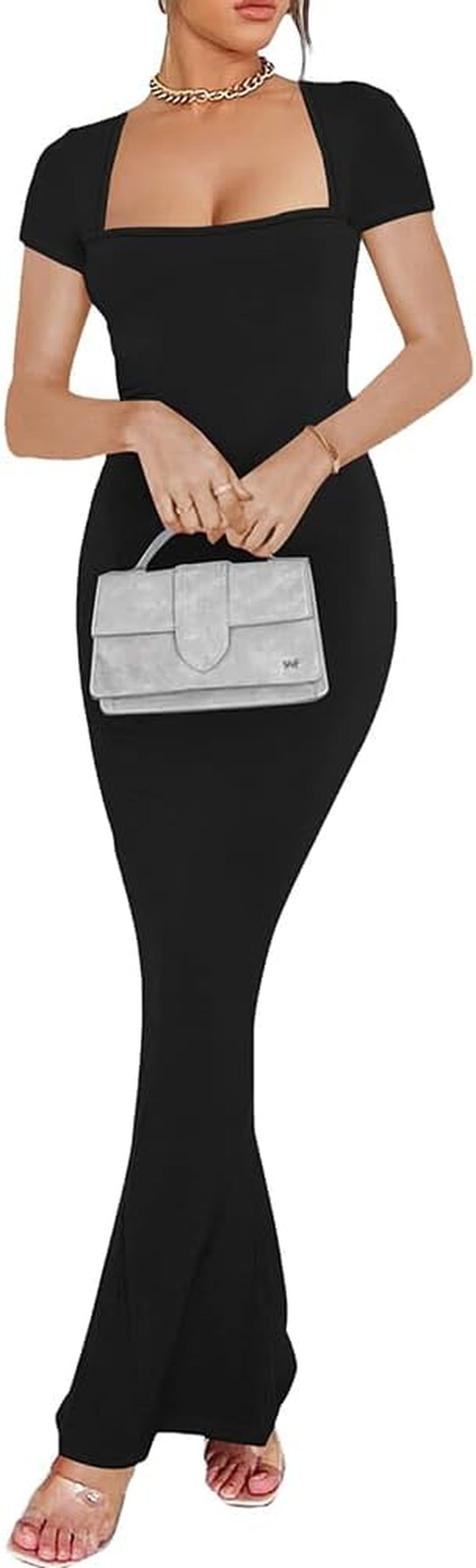 Maxi Dresses for Women 2024 Elegant Casual Square Neck Short Sleeve Dress Ribbed Lounge Long Bodycon Dress